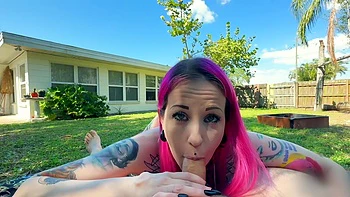 Tattooed babe sucks cock outdoor POV cum in mouth